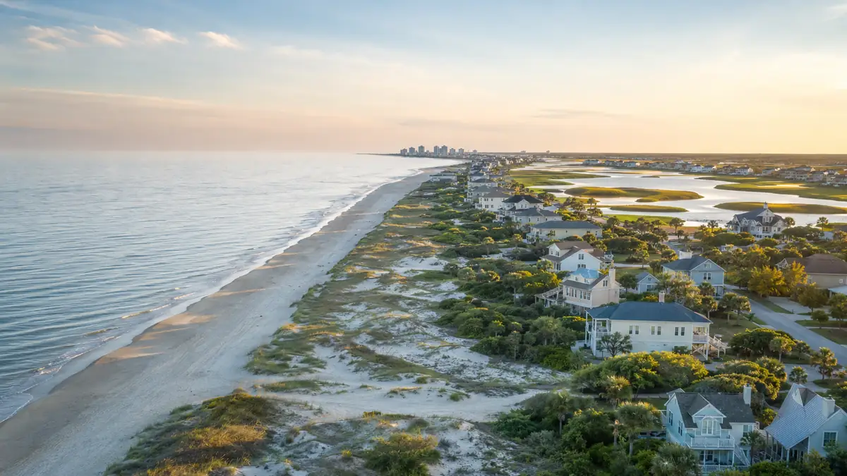 Grand Strand coastline with beaches, coastal homes and marsh at sunrise