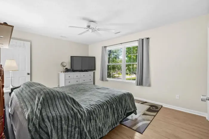 Primary bedroom with windows, ceiling fan and accent wall