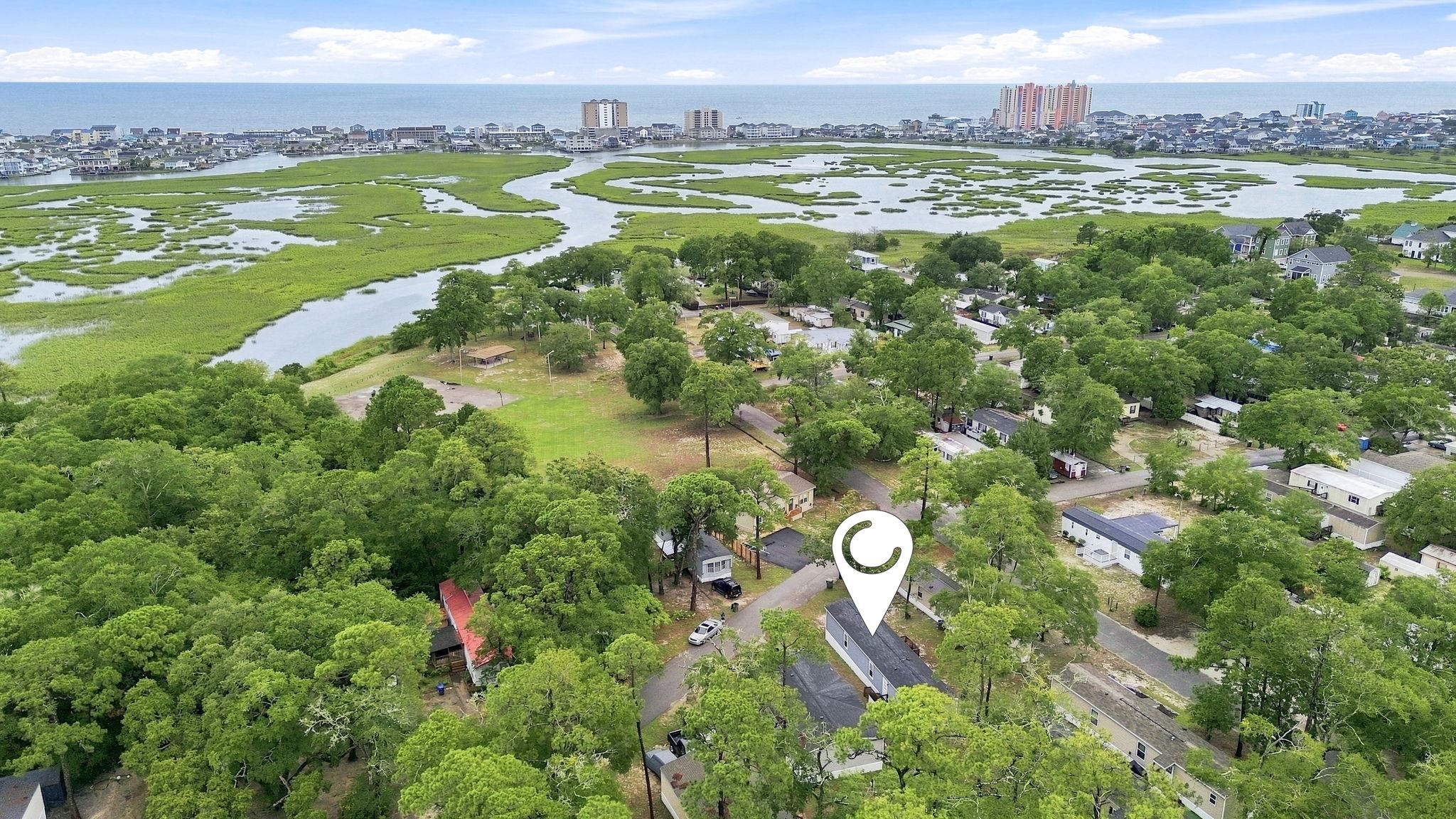 Aerial coastal view near North Myrtle Beach and the Cherry Grove marsh