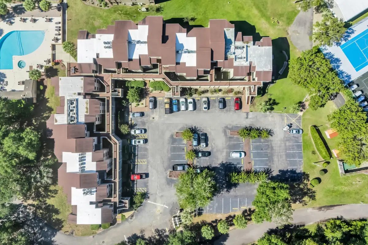 Aerial view of the Dunes Pointe buildings and outdoor pool