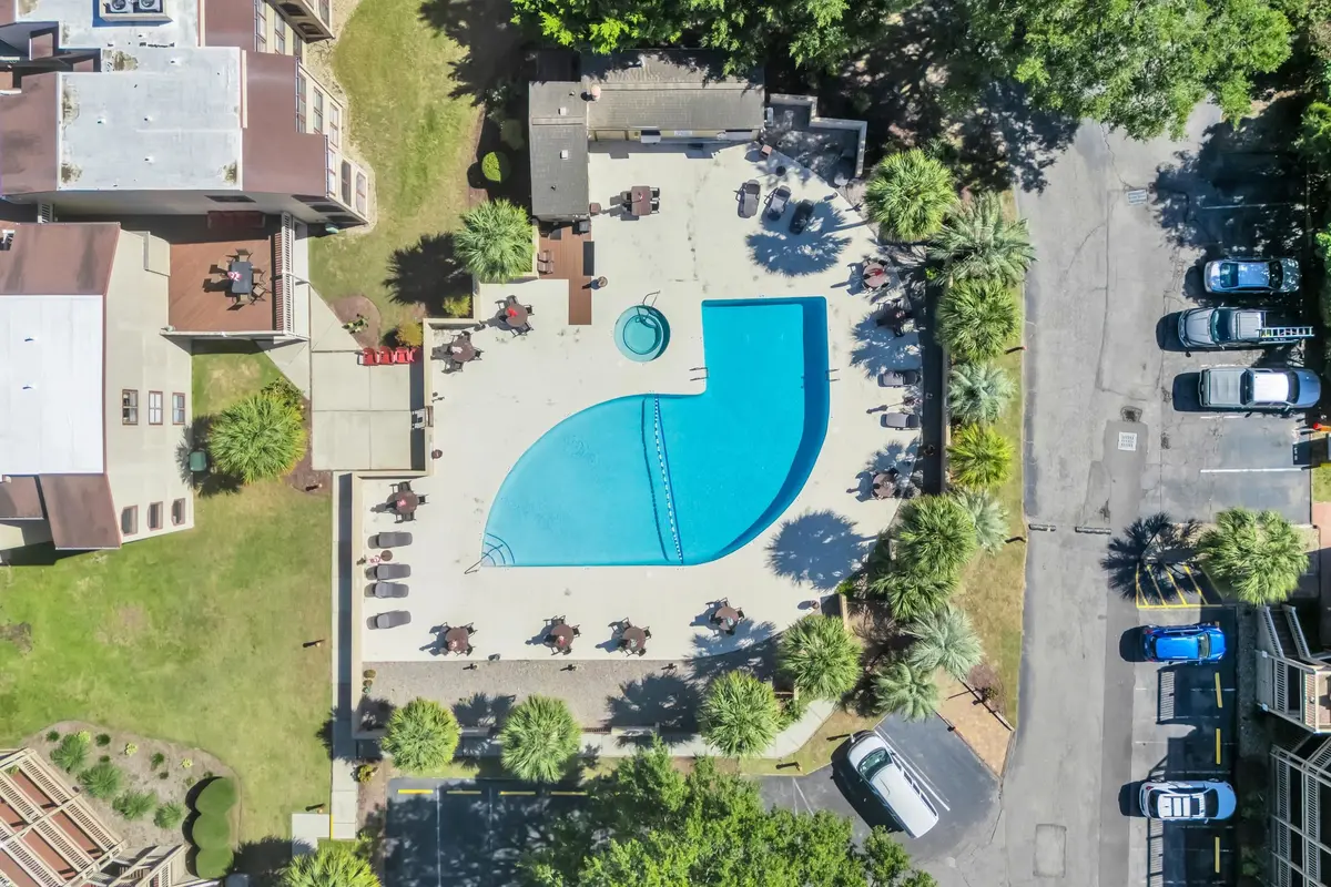 Aerial view of the outdoor community pool and sundeck