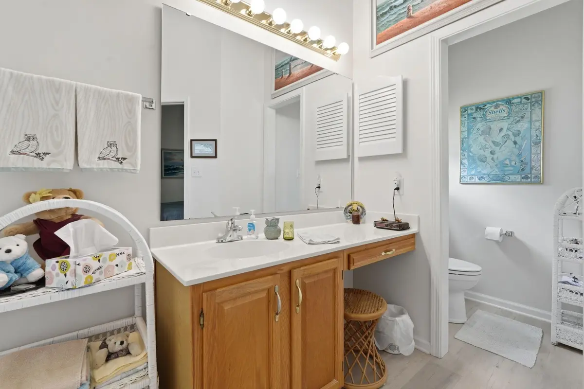 Primary bathroom vanity and garden tub