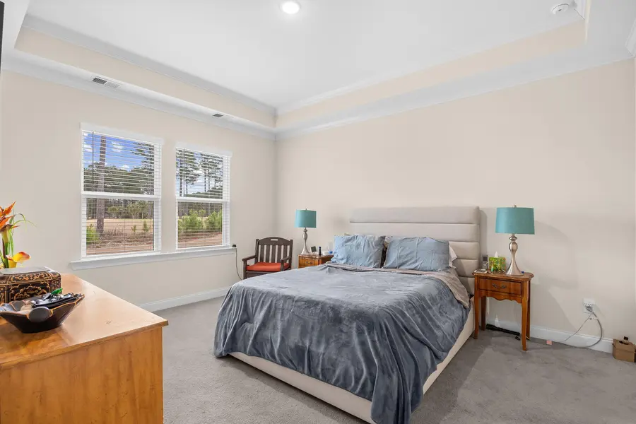 Primary bedroom with tray ceiling and windows
